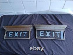 Pair 2 Antique Exit light Signs Etched Glass Bronze Bank Office Circa 1915