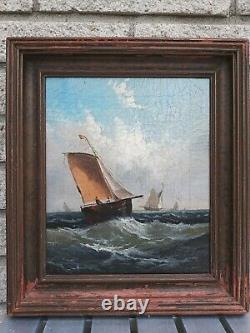 Pair 2 Antique French Dutch School Marine Painting Nautical Ship mid 19th cent