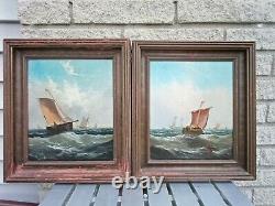 Pair 2 Antique French Dutch School Marine Painting Nautical Ship mid 19th cent