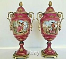 Pair (2) Antique German Pink HP Figural Raise Gold Ormolu Vase Urn Artist Signed