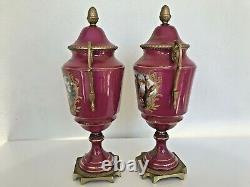 Pair (2) Antique German Pink HP Figural Raise Gold Ormolu Vase Urn Artist Signed