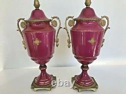 Pair (2) Antique German Pink HP Figural Raise Gold Ormolu Vase Urn Artist Signed