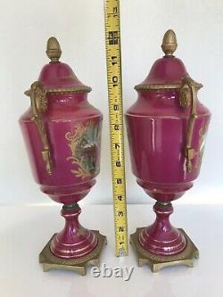 Pair (2) Antique German Pink HP Figural Raise Gold Ormolu Vase Urn Artist Signed