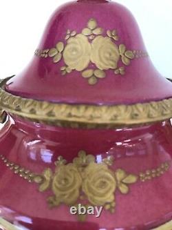 Pair (2) Antique German Pink HP Figural Raise Gold Ormolu Vase Urn Artist Signed