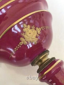 Pair (2) Antique German Pink HP Figural Raise Gold Ormolu Vase Urn Artist Signed