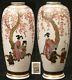 Pair 2 Antique Japanese Meiji Period Satsuma Vases Women Earthenware Pottery Old