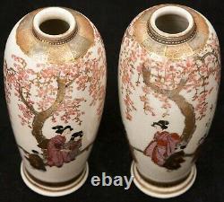 Pair 2 Antique Japanese Meiji Period Satsuma Vases Women Earthenware Pottery Old