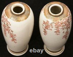 Pair 2 Antique Japanese Meiji Period Satsuma Vases Women Earthenware Pottery Old