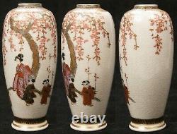 Pair 2 Antique Japanese Meiji Period Satsuma Vases Women Earthenware Pottery Old