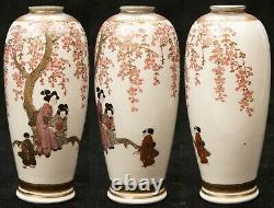 Pair 2 Antique Japanese Meiji Period Satsuma Vases Women Earthenware Pottery Old