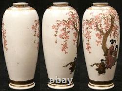 Pair 2 Antique Japanese Meiji Period Satsuma Vases Women Earthenware Pottery Old