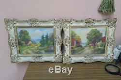 Pair @ 2 Antique Oil on Board Landscape Cottage Painting Signed Roth Framed