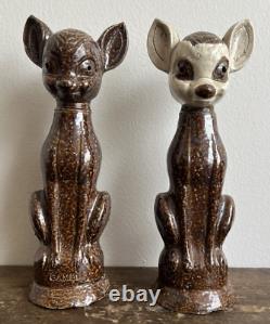 Pair 2 Antique Sewer Tile Folk Art Deer Signed Ohio 1930s 40s Bambi Provenance