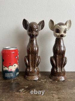 Pair 2 Antique Sewer Tile Folk Art Deer Signed Ohio 1930s 40s Bambi Provenance