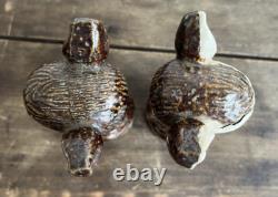 Pair 2 Antique Sewer Tile Folk Art Deer Signed Ohio 1930s 40s Bambi Provenance