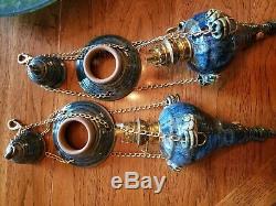 Pair (2) Hanging Oil Lamps Signed Blue Ceramic & Brass Gaudard Made in France