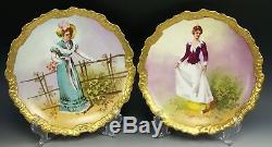 Pair 2 Limoges Hand Painted Ladies Portrait Plaques Chargers Artist Signed