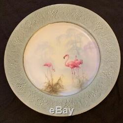 Pair (2) Rare Antique ROYAL WORCESTER Pink Flamingo Plates Signed P O W E L L
