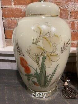 Pair 2- Vintage MC Mid Century 26.5 Asian Ginger Jar Hand Painted Lamp Signed