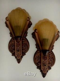 Pair 30s Art Deco Signed Riddle Slip Shades Amber Antique Wall Sconce Fixtures