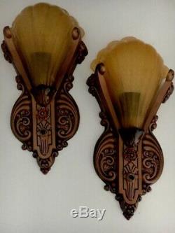 Pair 30s Art Deco Signed Riddle Slip Shades Amber Antique Wall Sconce Fixtures
