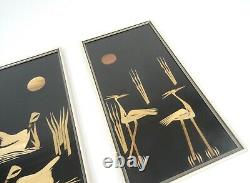 Pair 50s MID Century Marquetry Picturs Ducks Herons Wall Art Danish Signed