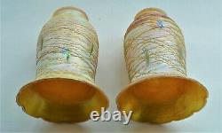 Pair 6 Antique Signed Quezal Leaf & Vine Iridescent Art Glass Shades (2)