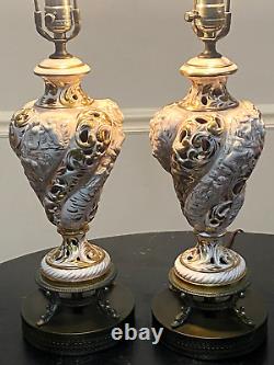 Pair 942 WCI Capodimonte Italy Hand Painted Porcelain Lamps Cherubs Signed 33