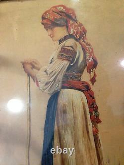 Pair ANTIQUE 1896 RARE BULGARIAN PAINTINGS aquarelle WATERCOLOR BOY & GIRL FOLK