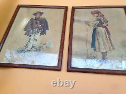 Pair ANTIQUE 1896 RARE BULGARIAN PAINTINGS aquarelle WATERCOLOR BOY & GIRL FOLK