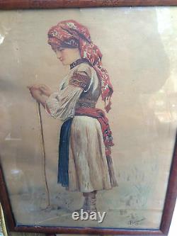 Pair ANTIQUE 1896 RARE BULGARIAN PAINTINGS aquarelle WATERCOLOR BOY & GIRL FOLK