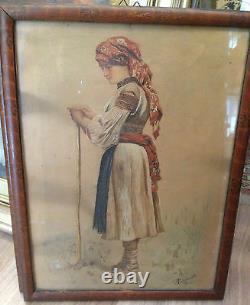 Pair ANTIQUE 1896 RARE BULGARIAN PAINTINGS aquarelle WATERCOLOR BOY & GIRL FOLK