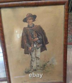 Pair ANTIQUE 1896 RARE BULGARIAN PAINTINGS aquarelle WATERCOLOR BOY & GIRL FOLK