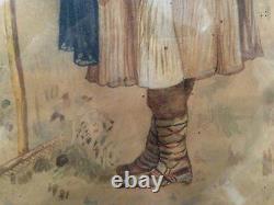 Pair ANTIQUE 1896 RARE BULGARIAN PAINTINGS aquarelle WATERCOLOR BOY & GIRL FOLK