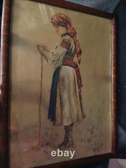 Pair ANTIQUE 1896 RARE BULGARIAN PAINTINGS aquarelle WATERCOLOR BOY & GIRL FOLK