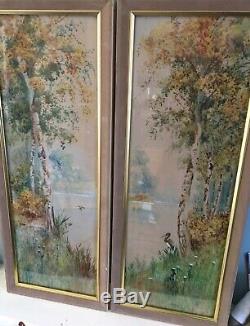 Pair ANTIQUE 1912 WATER COLOUR PAINTINGS SIGNED R B WRIGHT ARCA BIRDS