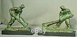 Pair Alexandre Kelety Male Sculptures BRONZE Bulging Muscles Working Men French