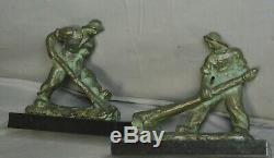 Pair Alexandre Kelety Male Sculptures BRONZE Bulging Muscles Working Men French