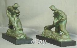 Pair Alexandre Kelety Male Sculptures BRONZE Bulging Muscles Working Men French