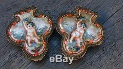 Pair Antique 18c Capo-de-monte Signed Porcelain Relief Cherubs Jewerly Boxes