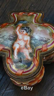 Pair Antique 18c Capo-de-monte Signed Porcelain Relief Cherubs Jewerly Boxes