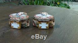 Pair Antique 18c Capo-de-monte Signed Porcelain Relief Cherubs Jewerly Boxes