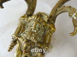 Pair Antique 19th Bronze Signed French Sconce Candlesticks RARE Dragon Bacchus