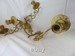Pair Antique 19th Bronze Signed French Sconce Candlesticks RARE Dragon Bacchus