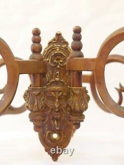 Pair Antique 19th Bronze Signed French Sconce Candlesticks RARE Gothic Bacchus