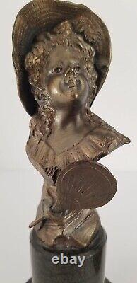 Pair Antique 19th C. Miniature Boy & Girl Bronze Statues on Marble Base Signed