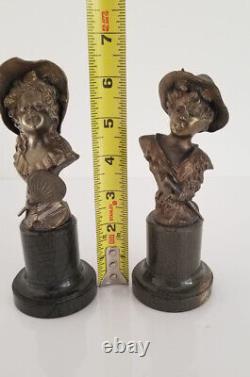 Pair Antique 19th C. Miniature Boy & Girl Bronze Statues on Marble Base Signed