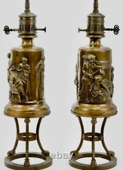 Pair Antique 19th Century French Signed F. Barbedienne Bronze Lamps On Stands