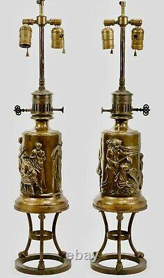 Pair Antique 19th Century French Signed F. Barbedienne Bronze Lamps On Stands