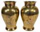 Pair Antique 19thc Japan Meiji Brass Bronze Gilt Mixed Metals Inlay Signed Vases